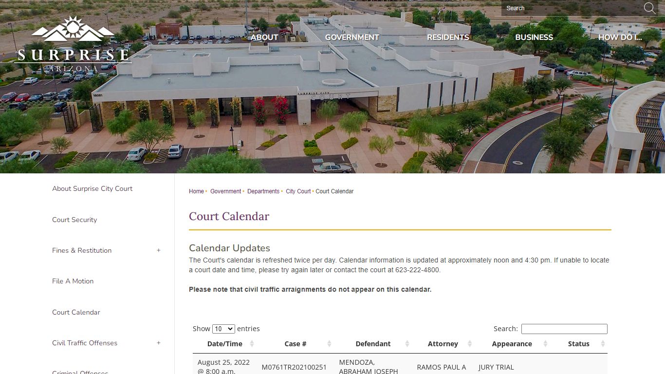 Court Calendar | Surprise, AZ - Official Website